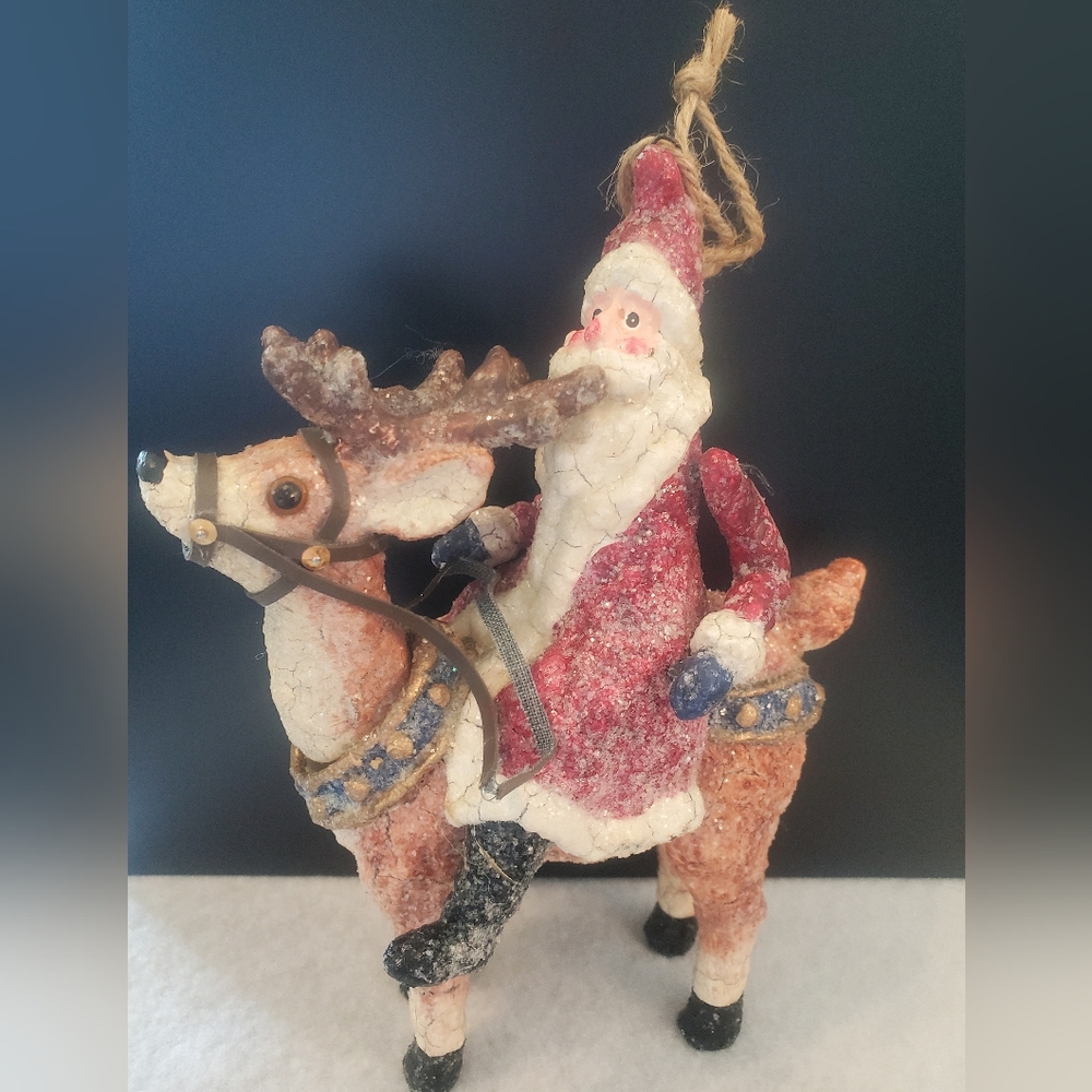 RARE Santa Claus Riding Reindeer Holiday Figurine Bobble Head Ornament